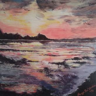 Sunset at Rosebud - shimmering waves, watermelon kissed skies. My recently completed painting "Sunset at Rosebud". The promise of approaching warm sunblessed days reflect in the shimmering gentle ripples of the beach. Thank you to Martin for taking the inspiring photo while we were on the pier.